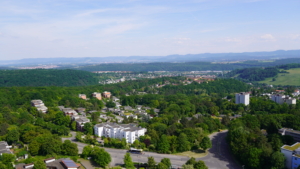 Ausblick von Hochhaus, Dachterrasse, Südseite, Südosten, Tübingen, Ausblick, 