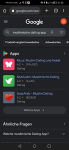 Screenshot von Georg, der die Ergebnisse einer Google-Suche für "muslimische dating app" zeigt.