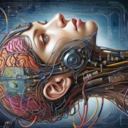 Das futuristische Bild zeigt eine Frau, deren Gehirn durch zahlreiche Kabel verbunden ist, die nach außen führen. Diese Kabel symbolisieren die Schnittstelle zwischen dem menschlichen Verstand und künstlicher Intelligenz. Die Frau befindet sich im Liegen und konzentriert, während die Kabel in verschiedene Richtungen verlaufen und in digitale Geräte oder Netzwerke übergehen.