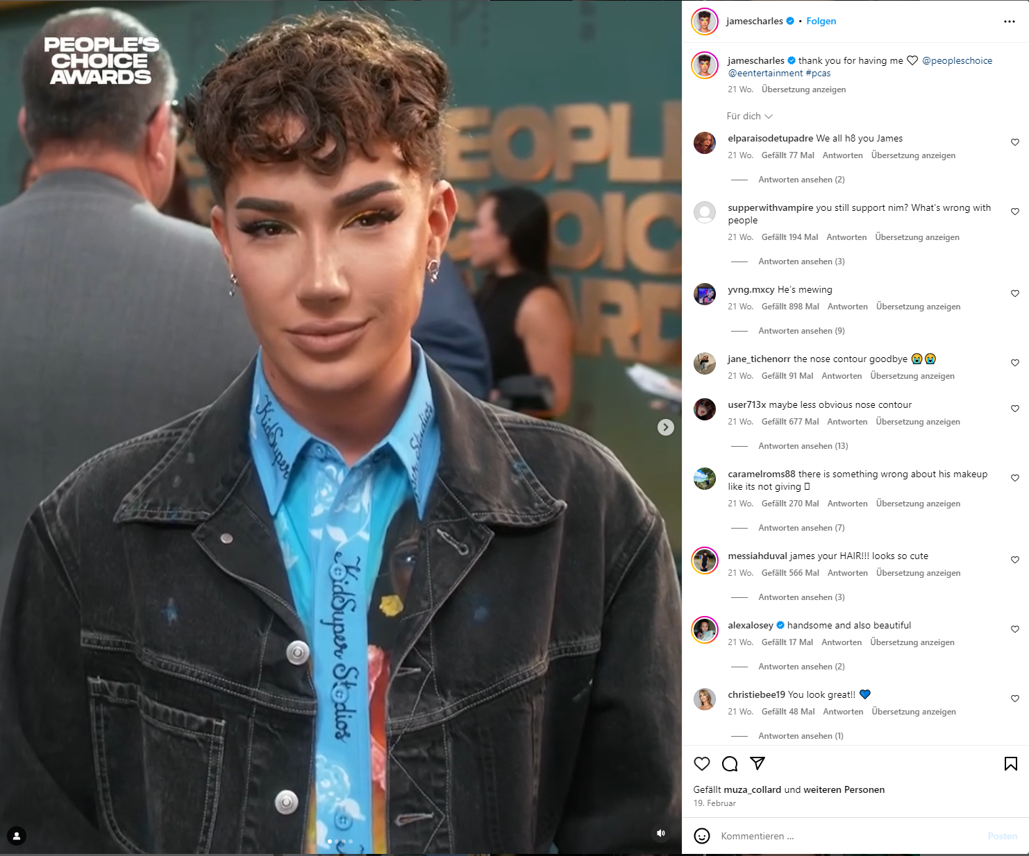 Instagram-Post von James Charles auf dem roten Teppich des People's Choice Awards